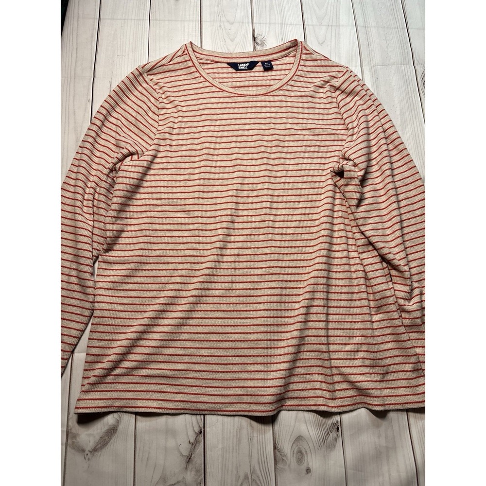 Lands End Womens 1X Long Sleeve Top Red Beige Striped 16-18W Knit Blouse